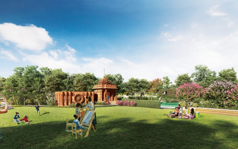 Lush Green Landscape and Temple